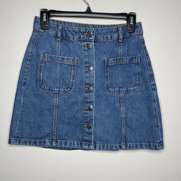H&M Divided Denim Skirt Womens 6 Button Front Jean Mini 100% Cotton Pockets - Picture 1 of 9